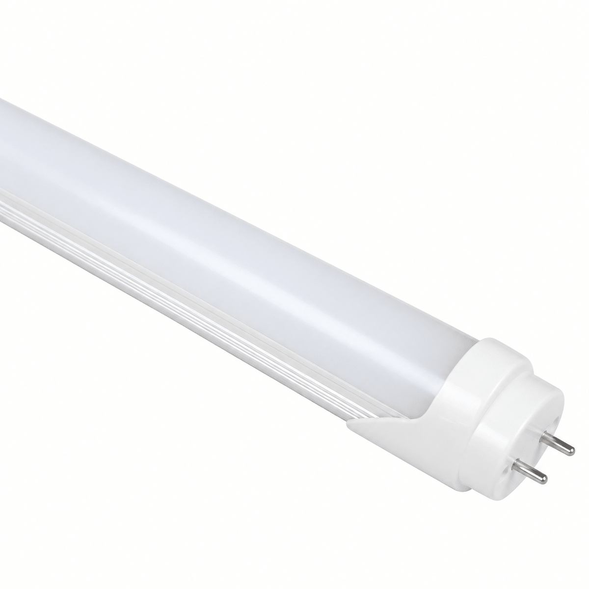 T8 LED butcher food display tube in a white finish, featuring a clear cover and two prong connectors.
