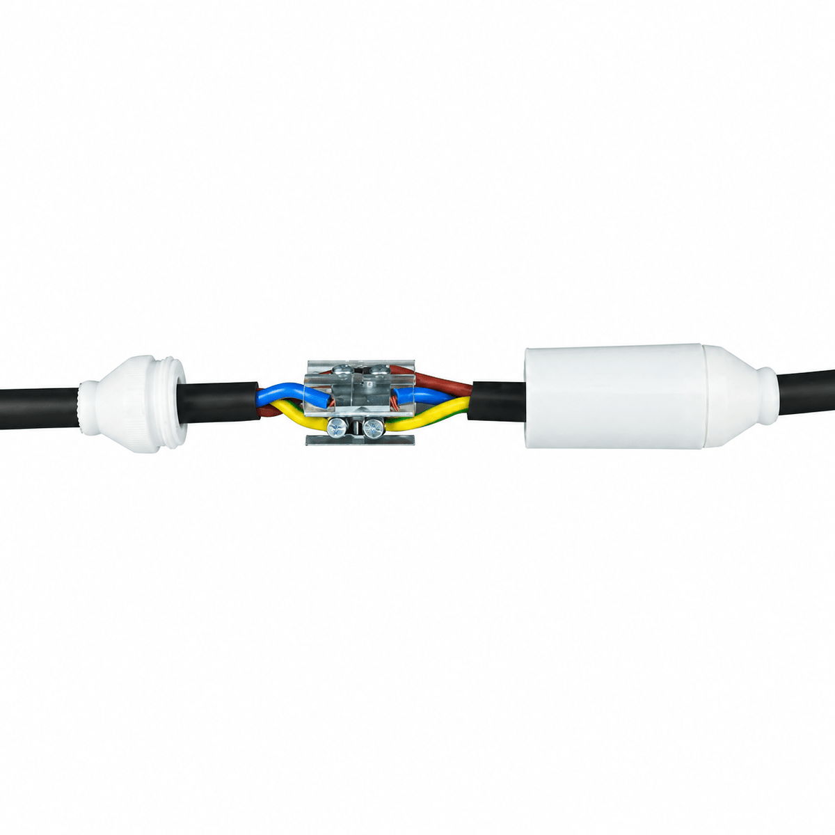 Resin filled cable join kit featuring a white finish, black cables, and visible colored wires within a metal connector.