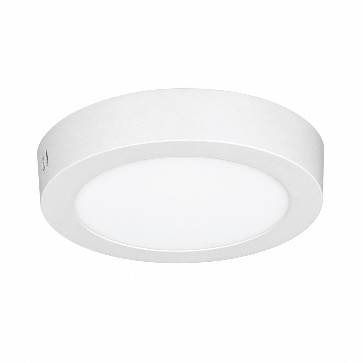 Black aluminium ceiling fitting with a round, flat design and a smooth, white diffuser surface.