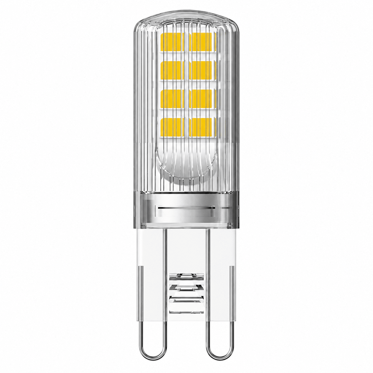 Clear G9 capsule LED bulb with a ribbed surface and six yellow LED chips, mounted on two metal pins.