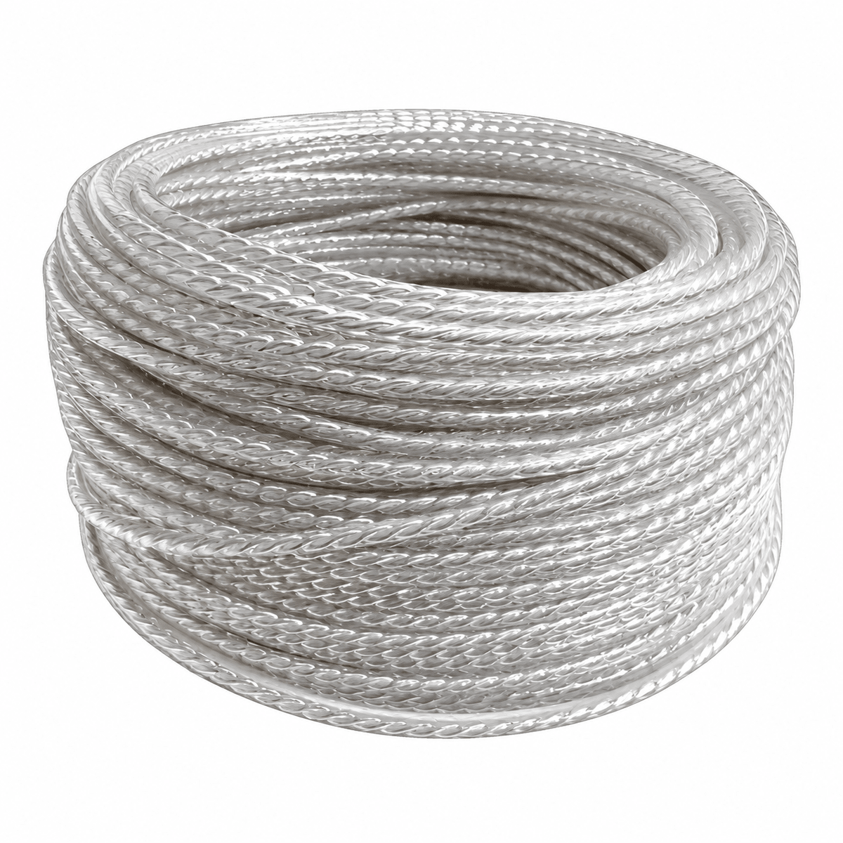 Twisted silver fabric cord coiled neatly, showcasing a shiny, reflective finish and intricate braiding.
