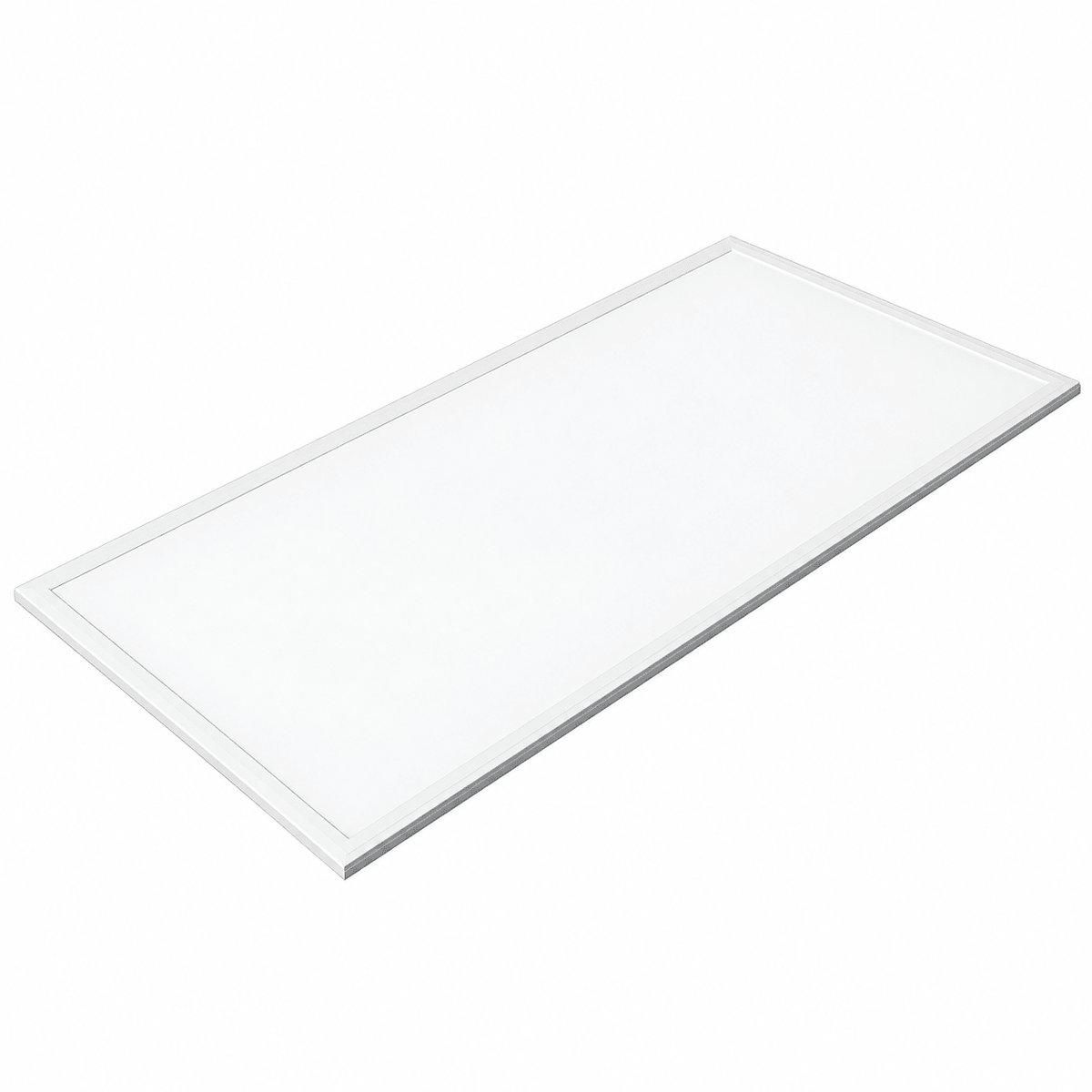 A rectangular LED panel with a white frame and a smooth, white surface, angled slightly to show depth.