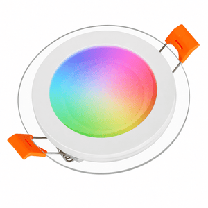 LED RGBW downlight with a circular white frame, featuring a colorful gradient lens and orange clips.