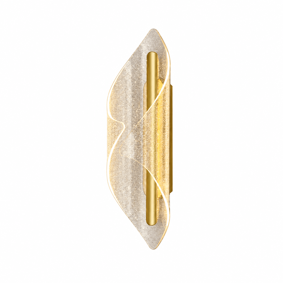 Leaf‑shaped acrylic wall light with gold frame and central gold cylinder, emitting warm light