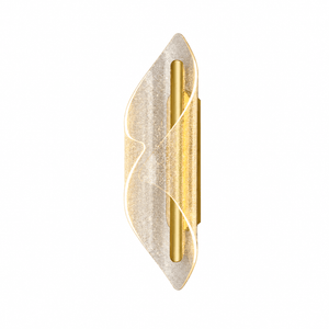 Leaf‑shaped acrylic wall light with gold frame and central gold cylinder, emitting warm light