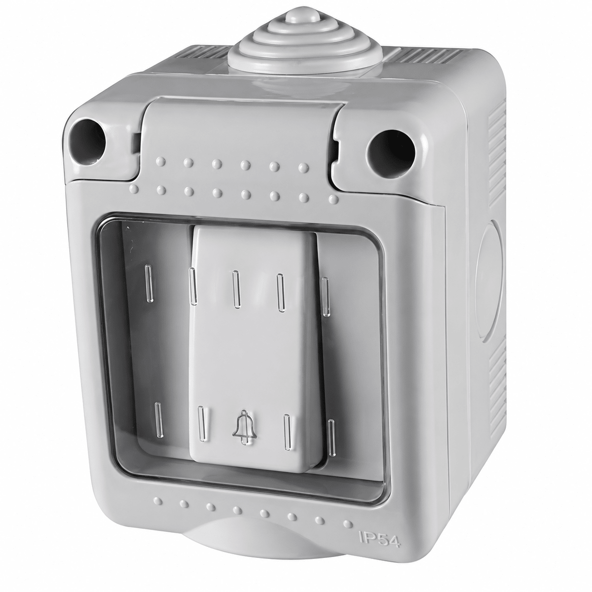 Weatherproof switch in light gray plastic, featuring a single lever and a bell icon, with a textured surface and rounded edges.