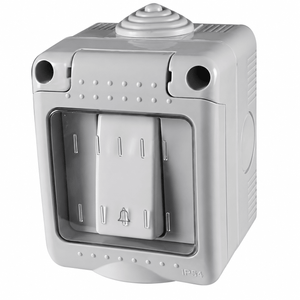 Weatherproof switch in light gray plastic, featuring a single lever and a bell icon, with a textured surface and rounded edges.