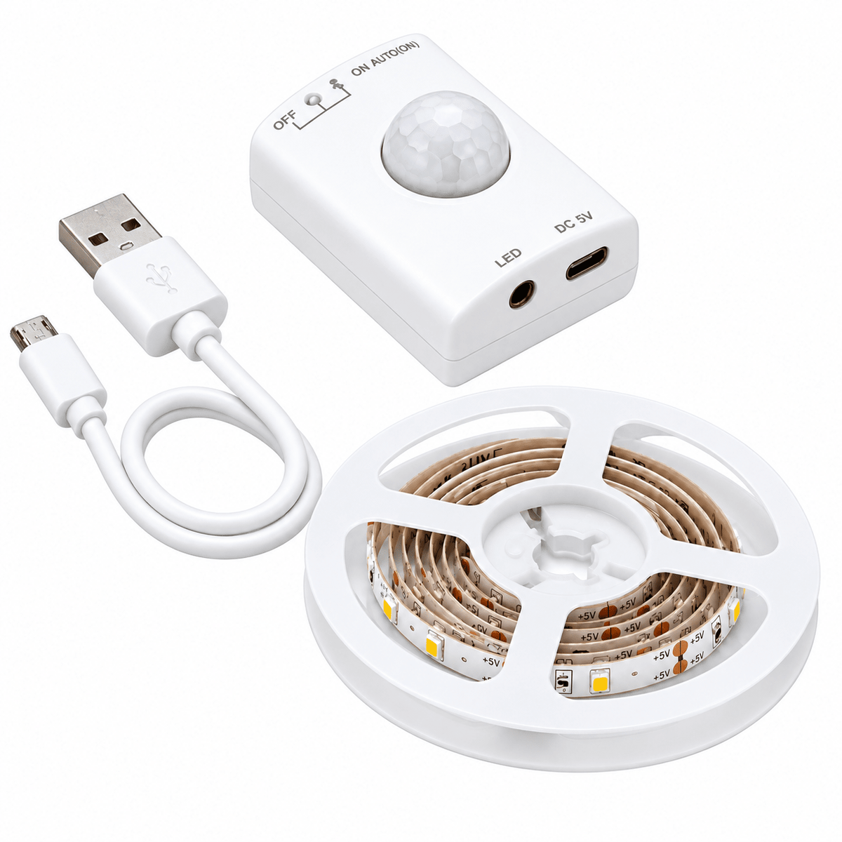A white motion sensor control unit, a USB cable, and a roll of LED strip lights on a white background.