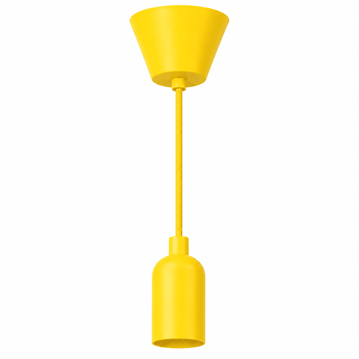 Yellow pendant ceiling rose kit featuring a conical lamp cup and cylindrical lamp holder, suspended by a textured cord.