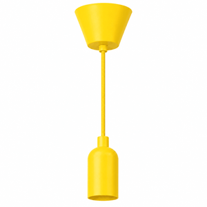 Yellow pendant ceiling rose kit featuring a conical lamp cup and cylindrical lamp holder, suspended by a textured cord.