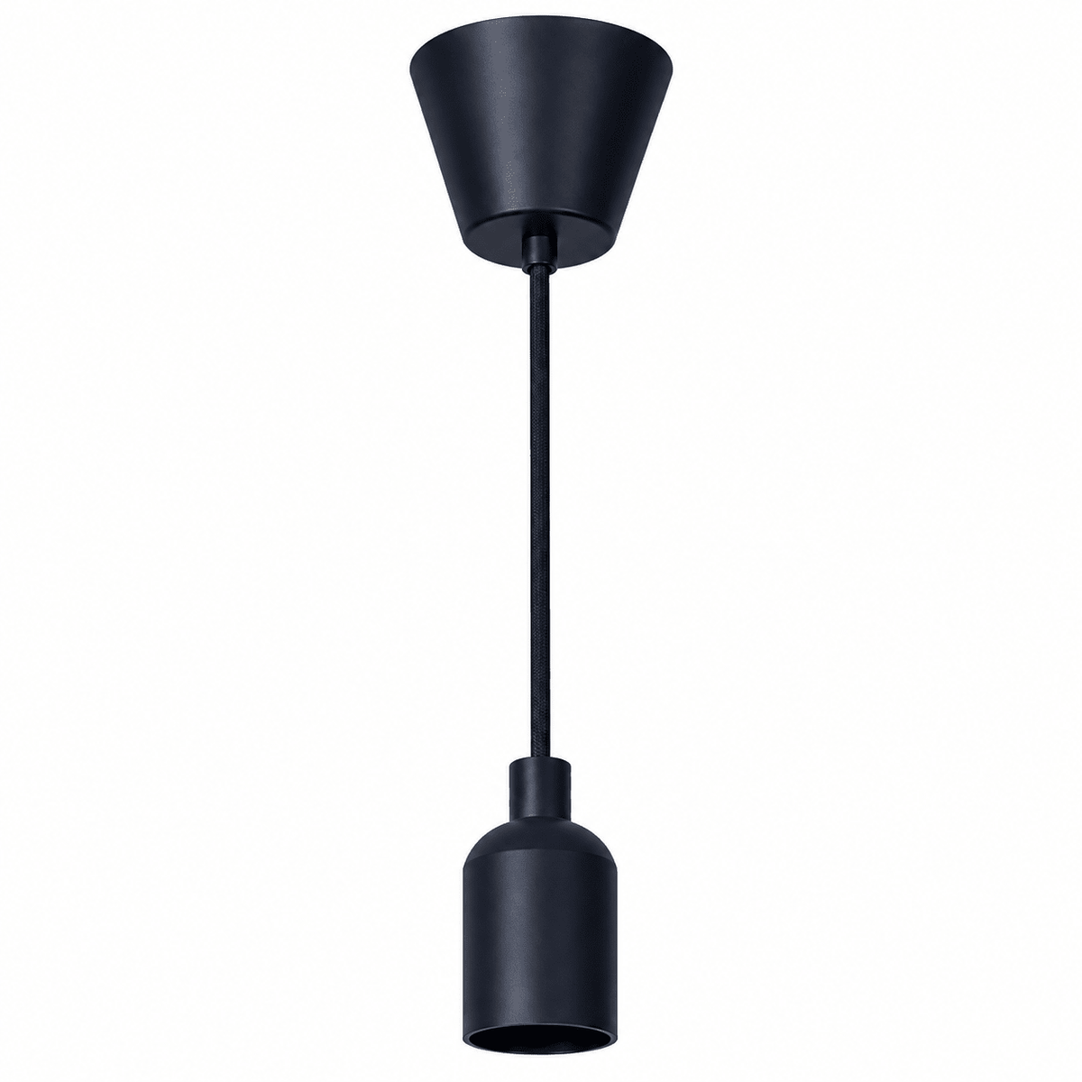 Black silicone pendant ceiling rose kit with a conical top and cylindrical lamp cup, suspended by a black cord.