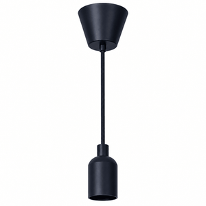 Black silicone pendant ceiling rose kit with a conical top and cylindrical lamp cup, suspended by a black cord.