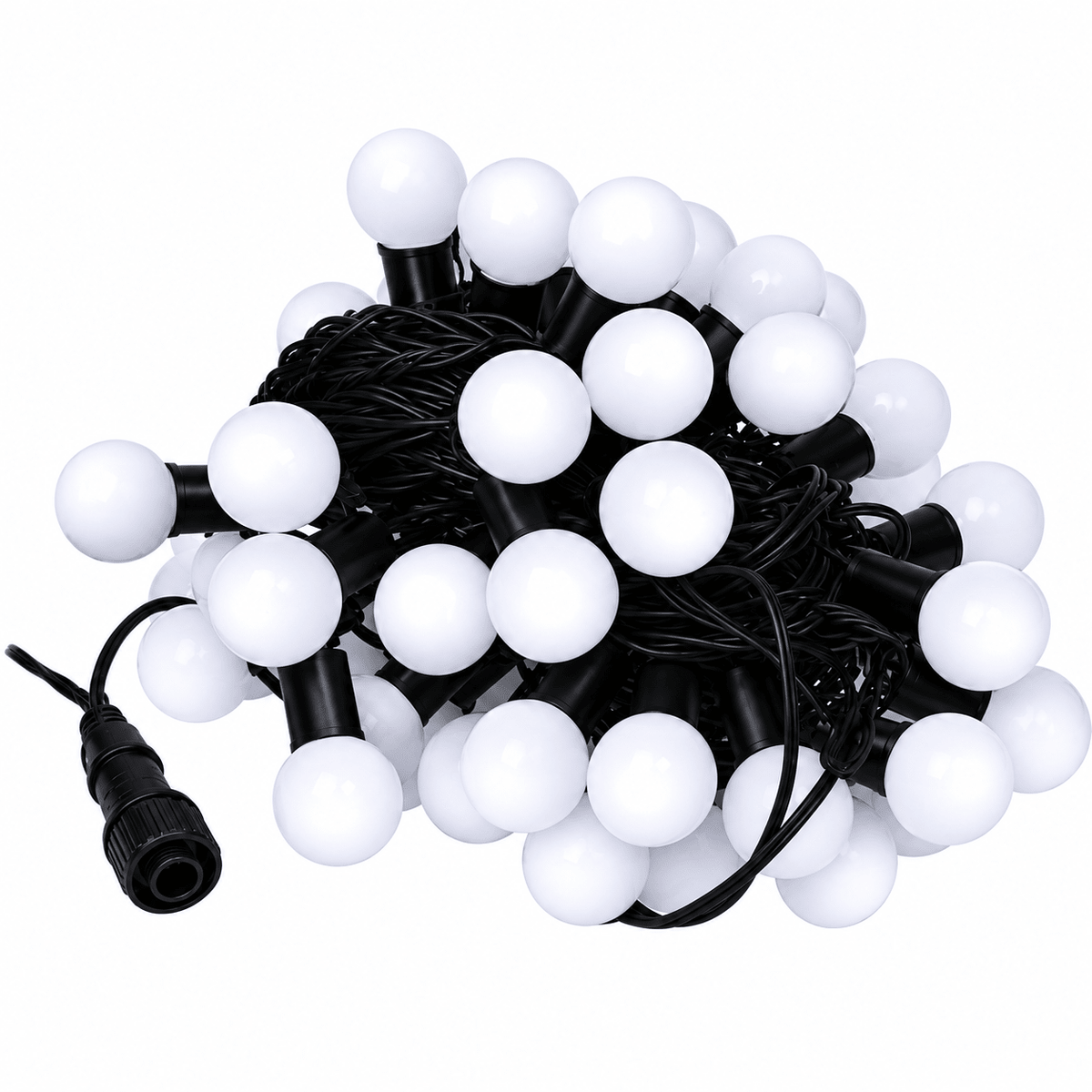 A tangled string of white LED ball lights with black sockets and wire, showcasing a glossy finish.