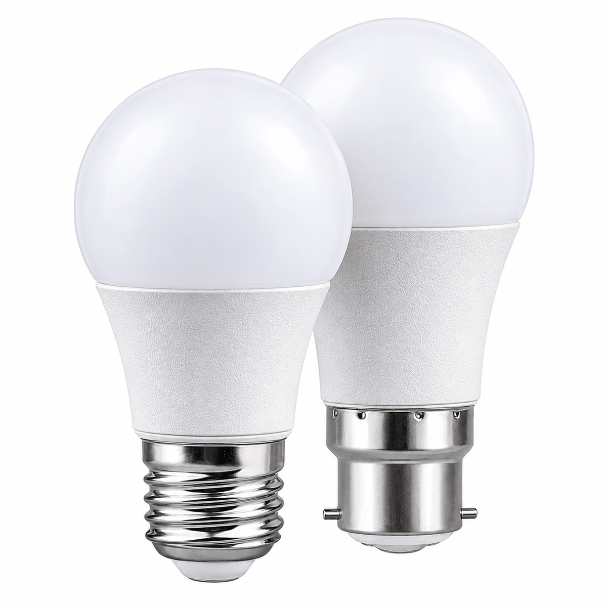 Two A60 LED bulbs with white frosted glass and textured white bases, one with an E27 cap and the other with a different fitting.