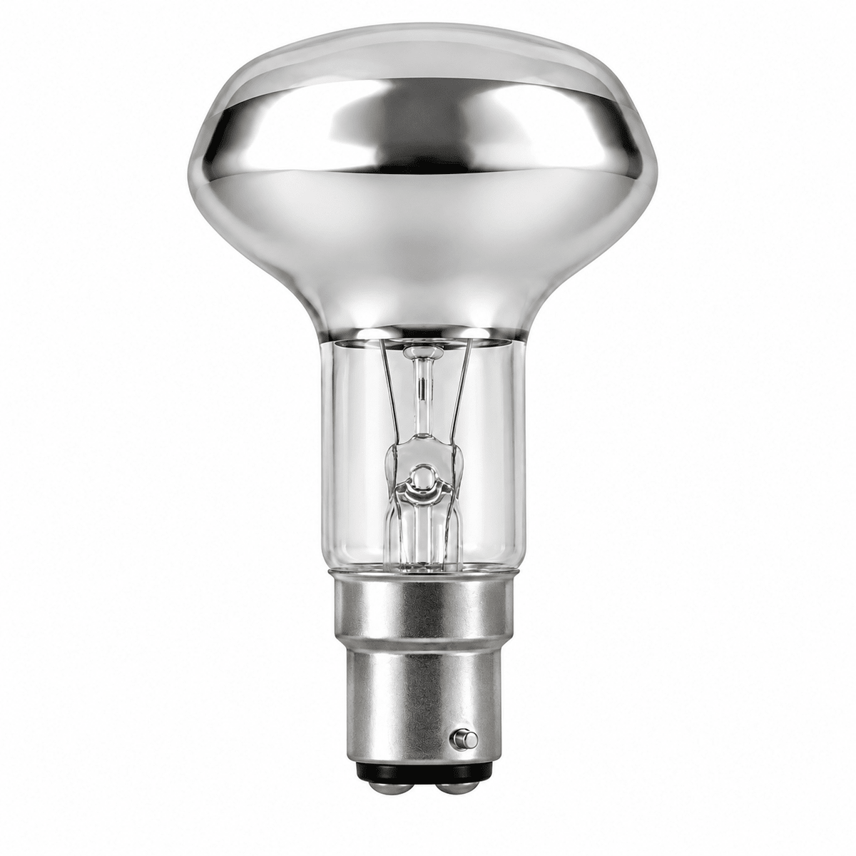 A clear glass R63 LED bulb with a silver B22 base, featuring a rounded top and visible filament inside.