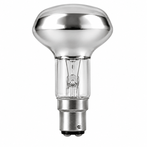 A clear glass R63 LED bulb with a silver B22 base, featuring a rounded top and visible filament inside.