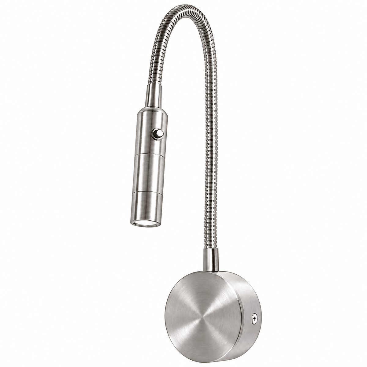 Satin chrome LED wall light with a flexible goose neck and circular base, featuring a small on/off switch.