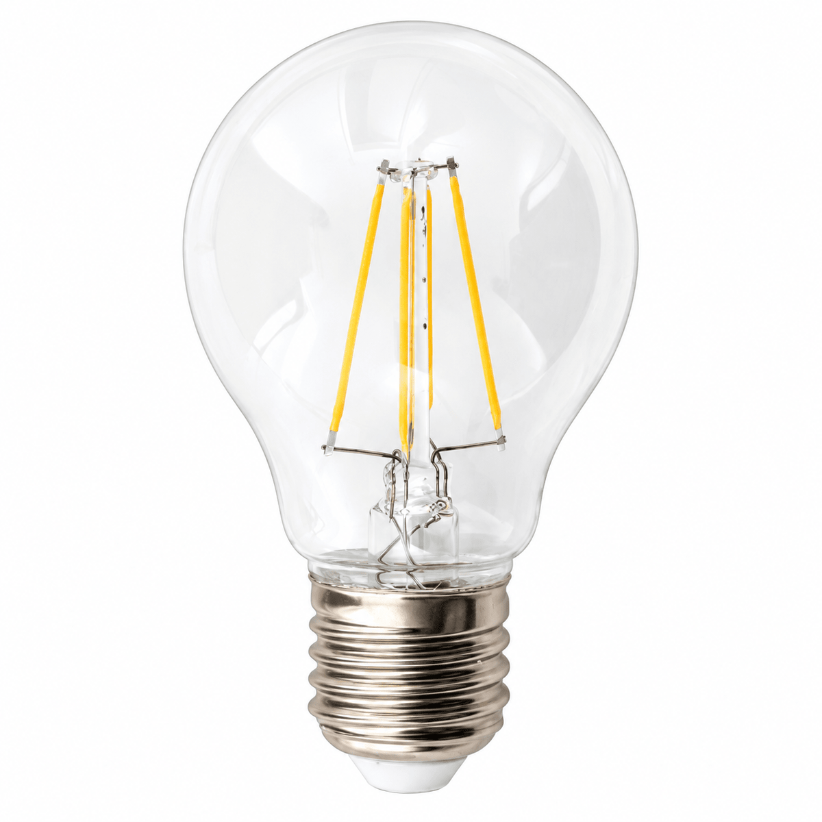 A clear glass A60 LED bulb with a B22 base, featuring yellow filament strands inside.