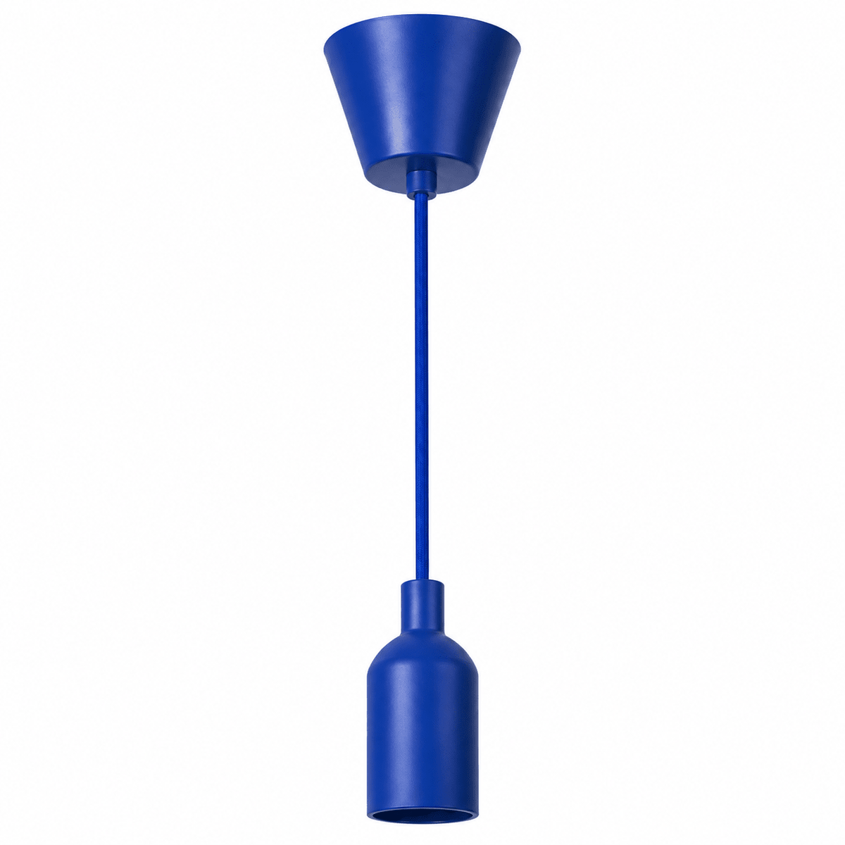 A blue silicone ceiling rose kit with a conical cup and cylindrical lamp holder, suspended by a matching cord.