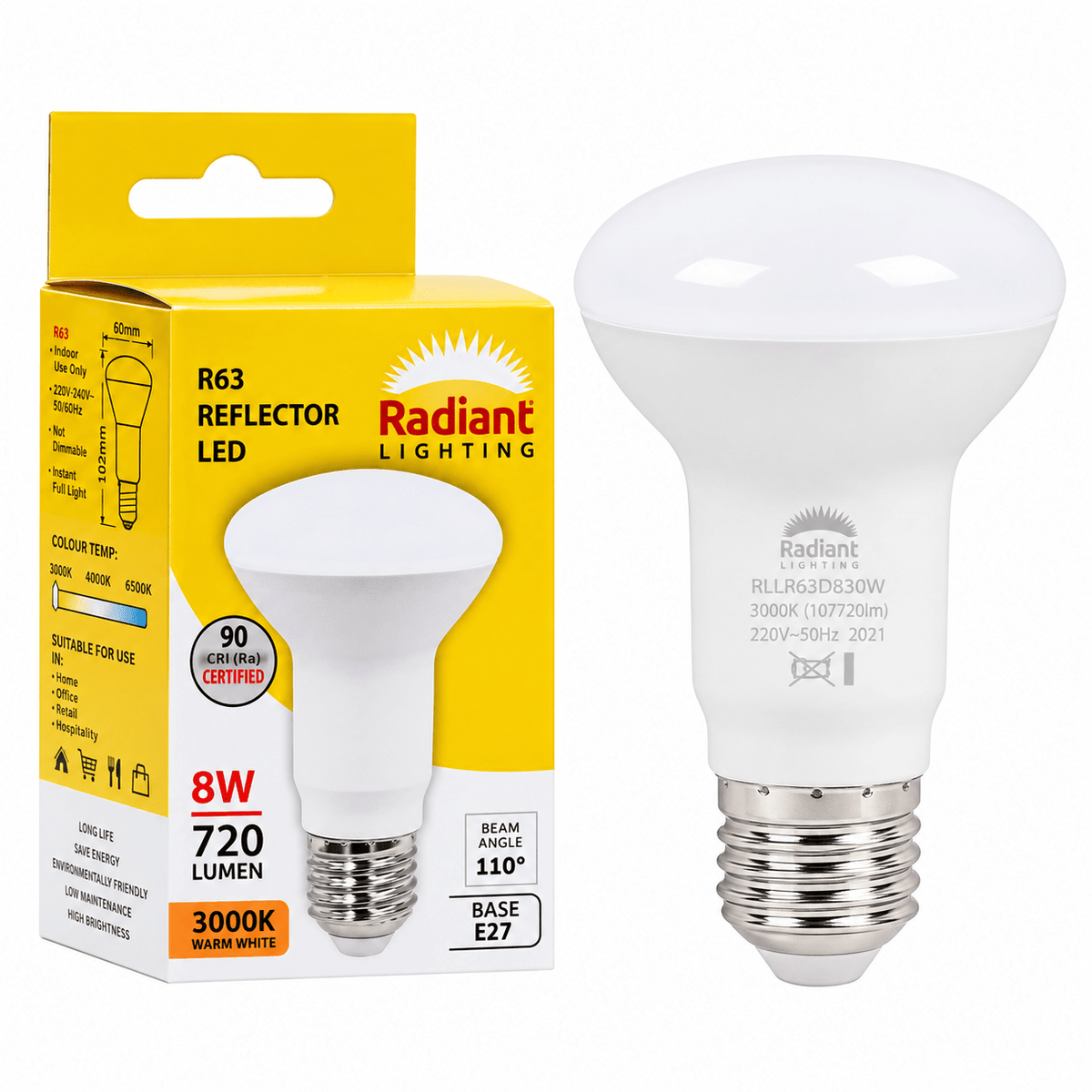 White R63 LED reflector bulb with E27 base, 8W, 3000K warm white, 720 lumen, 110° beam angle