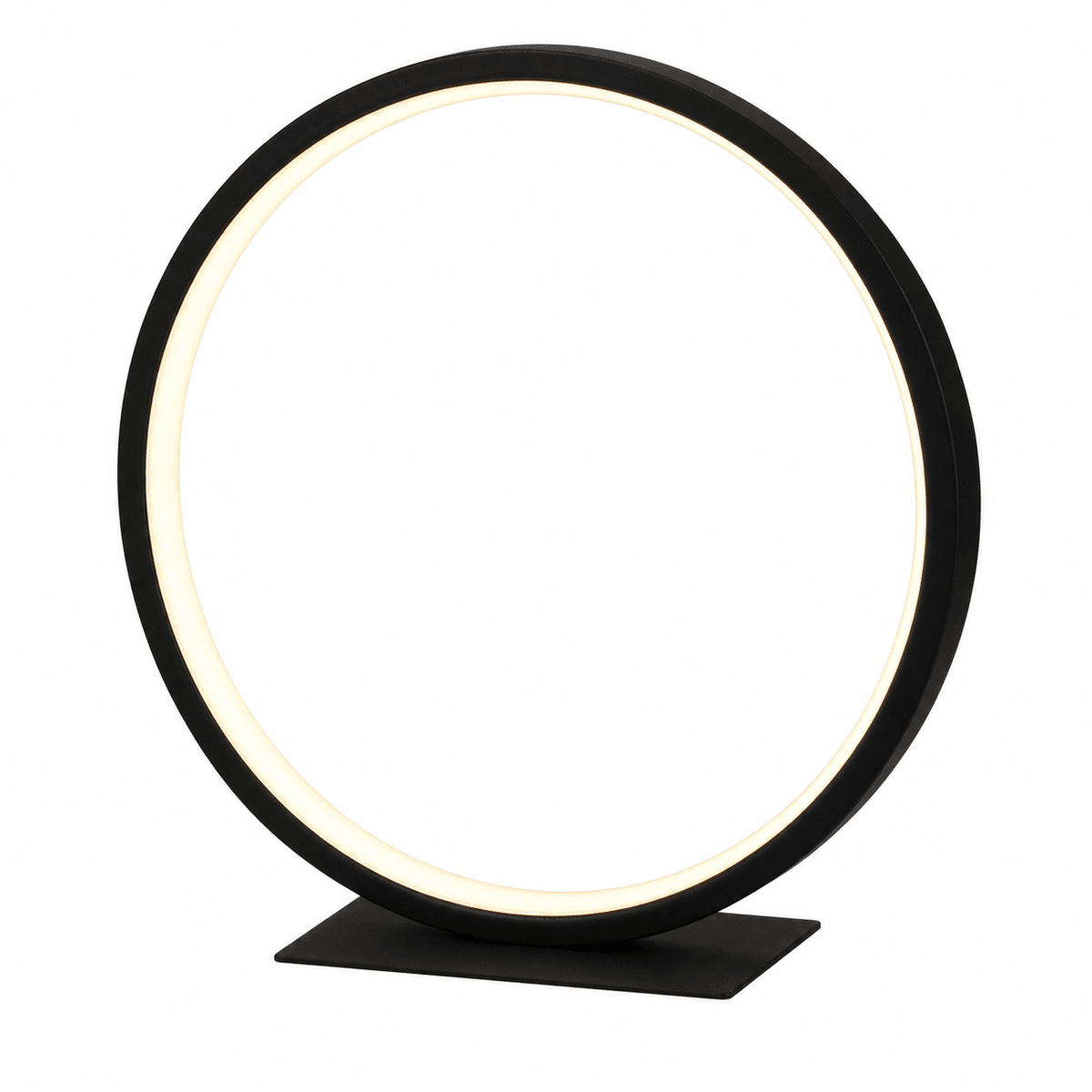 A black ring LED table lamp with a circular design and a flat rectangular base, featuring a warm white light.