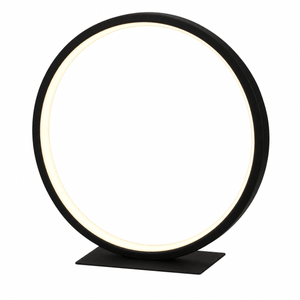 A black ring LED table lamp with a circular design and a flat rectangular base, featuring a warm white light.