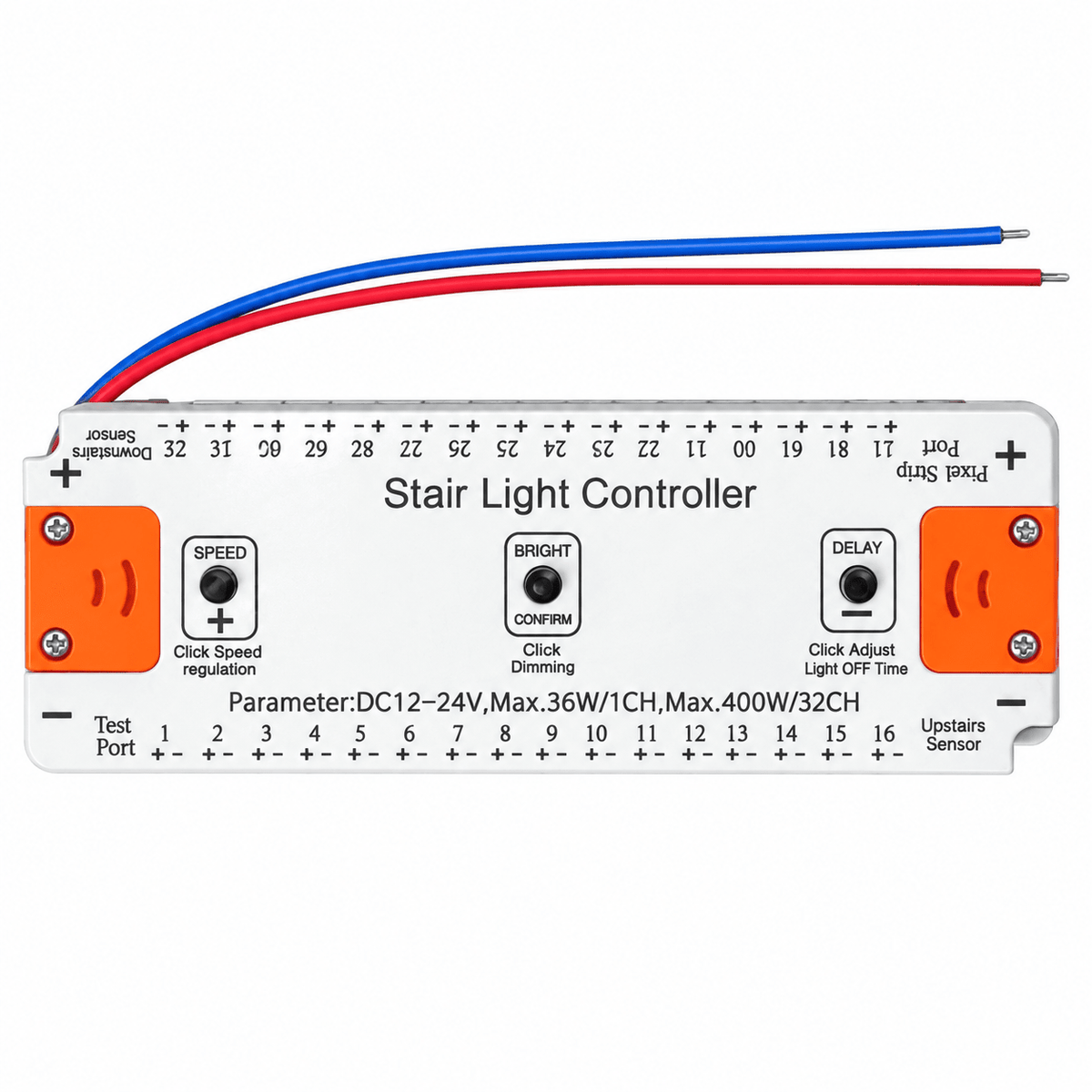 Silver rectangular stair light controller with orange buttons, blue and red wires, and printed labels on a white background.