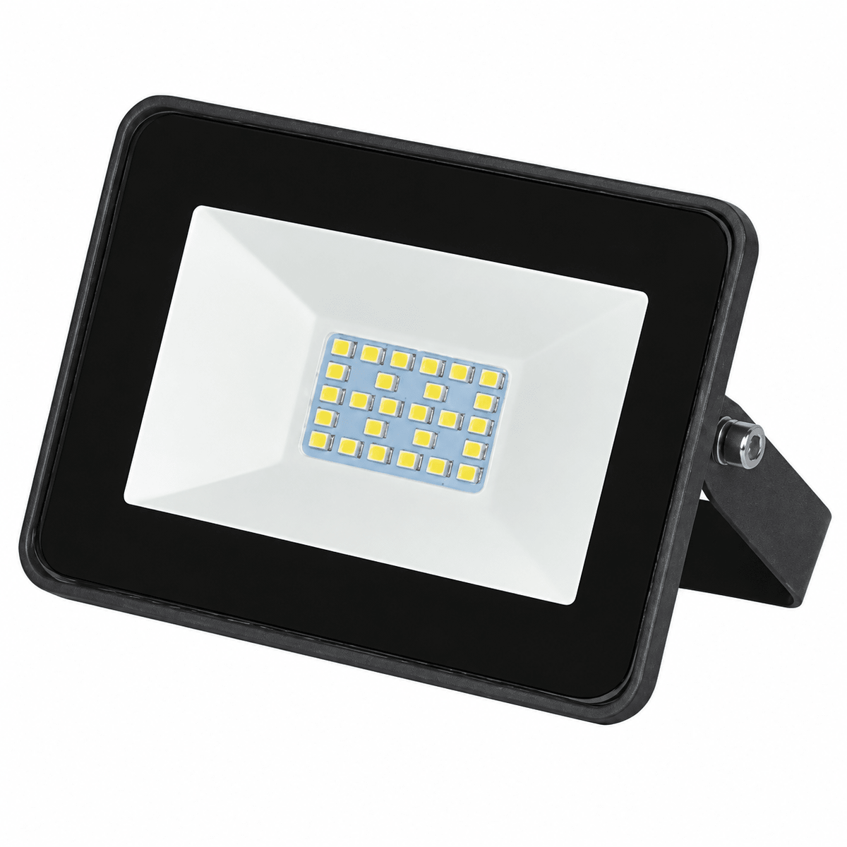 LED flood light with a black frame, white lens, and multiple yellow LED bulbs arranged in a grid pattern.