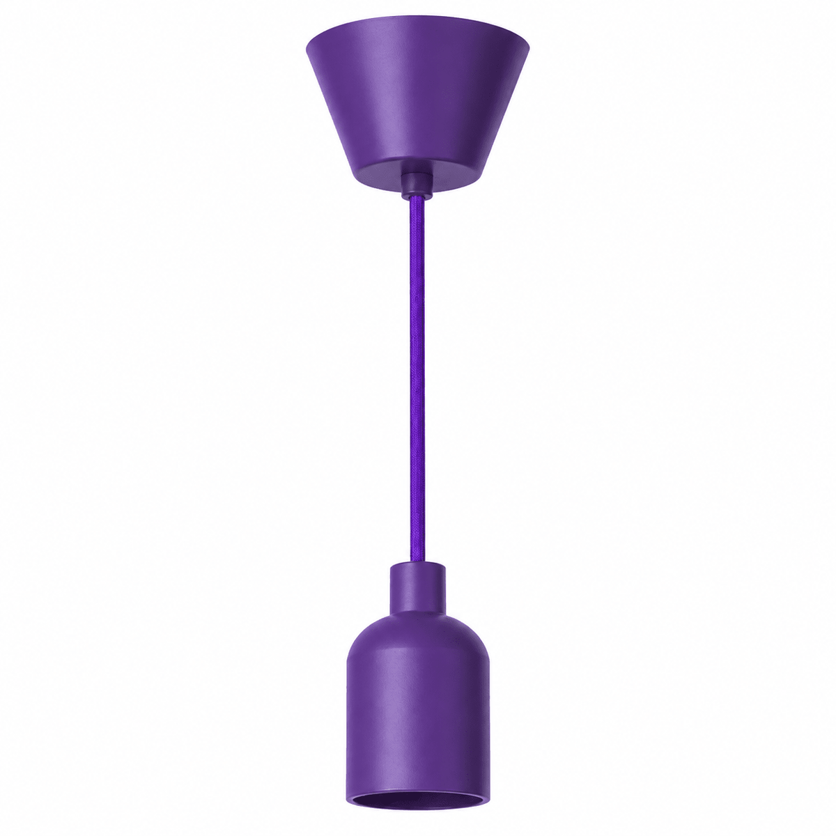 Purple pendant ceiling rose kit featuring a conical lamp cup and a cylindrical lamp holder, suspended by a matching cord.