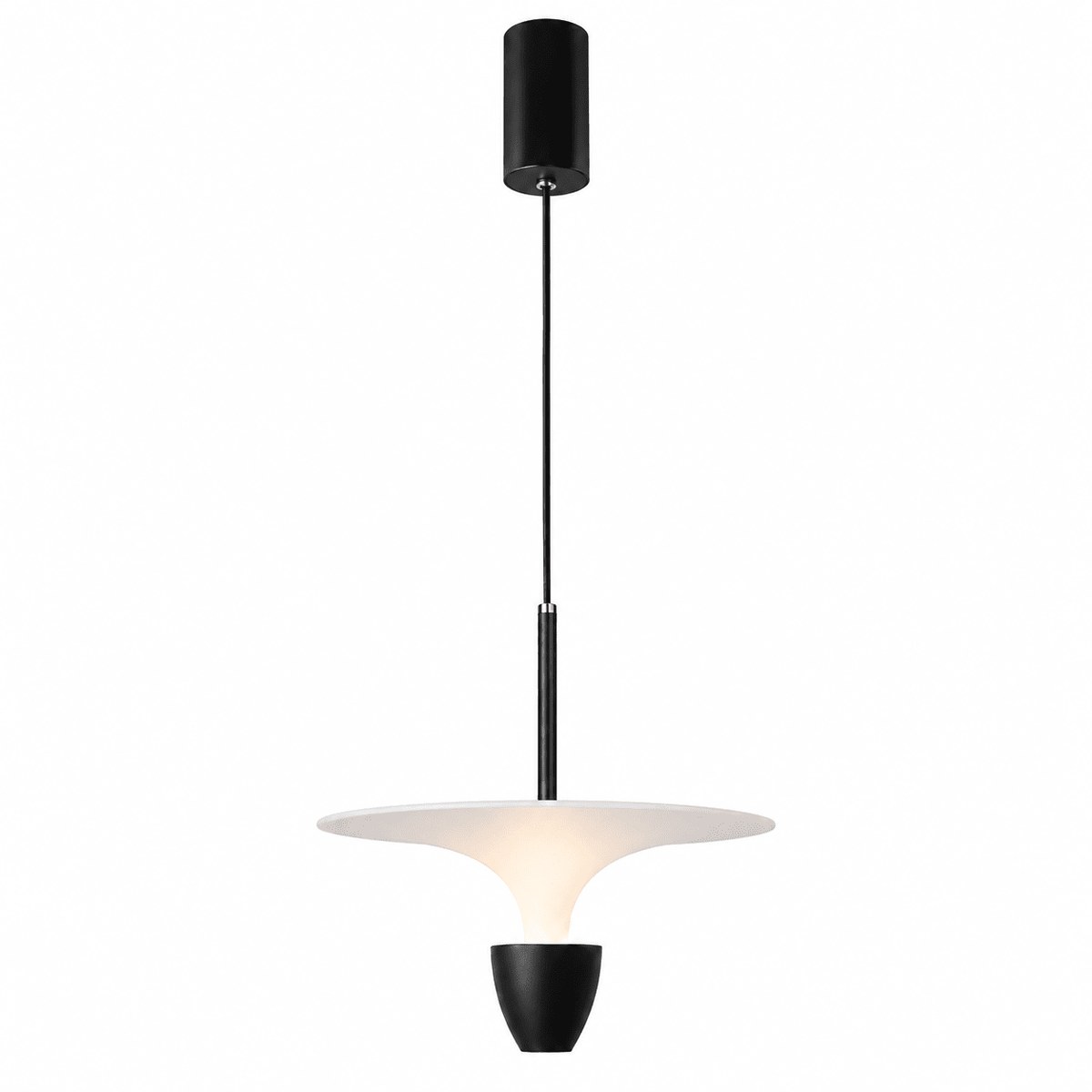 Black pendant light with a wide, white shade and a tapered base, suspended from a black ceiling mount.