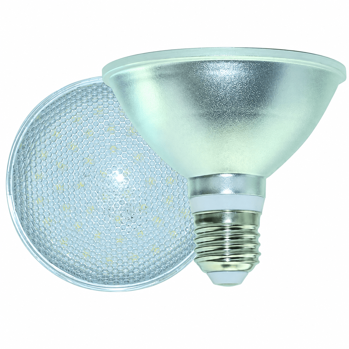 A green 9W PAR30 LED bulb with a reflective silver finish and a textured lens, positioned at an angle.