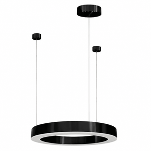 Black circular LED pendant light with a glossy finish, suspended by thin cables from a black ceiling mount.