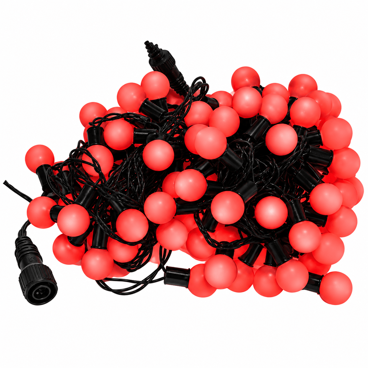 A tangled arrangement of red LED ball string lights with black wiring and a connector.