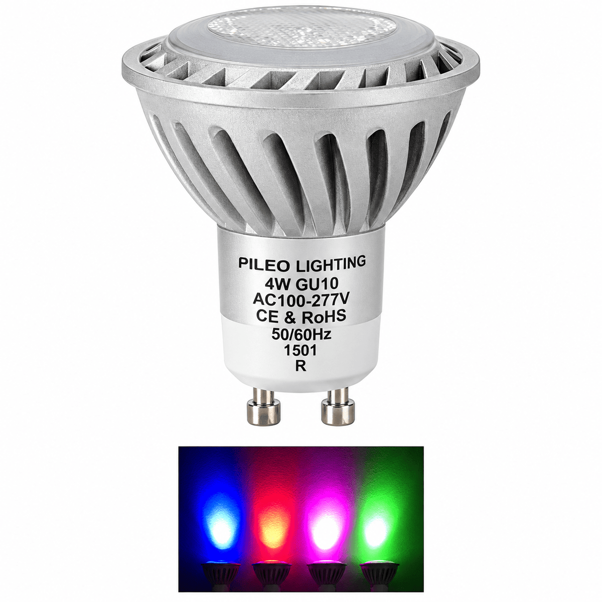 A silver LED downlight with a GU10 base, featuring a textured top and three colored light beams (blue, pink, green) below.
