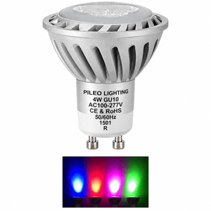 A silver LED downlight with a GU10 base, featuring a textured top and three colored light beams (blue, pink, green) below.
