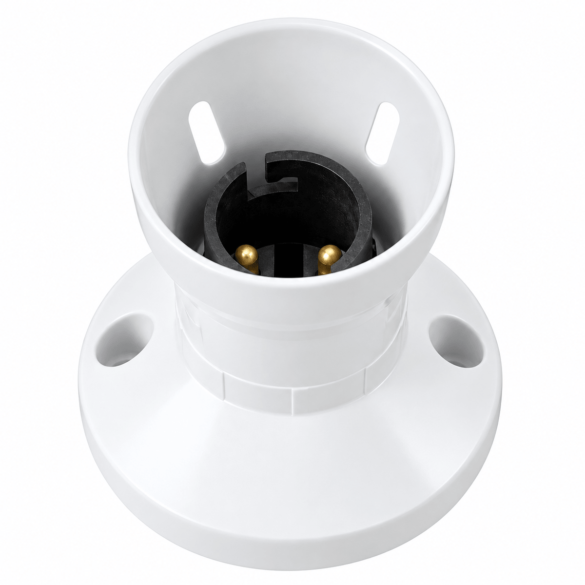 White B22 lamp holder with a black interior, featuring two gold contacts and mounting holes on the base.