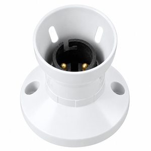 White B22 lamp holder with a black interior, featuring two gold contacts and mounting holes on the base.