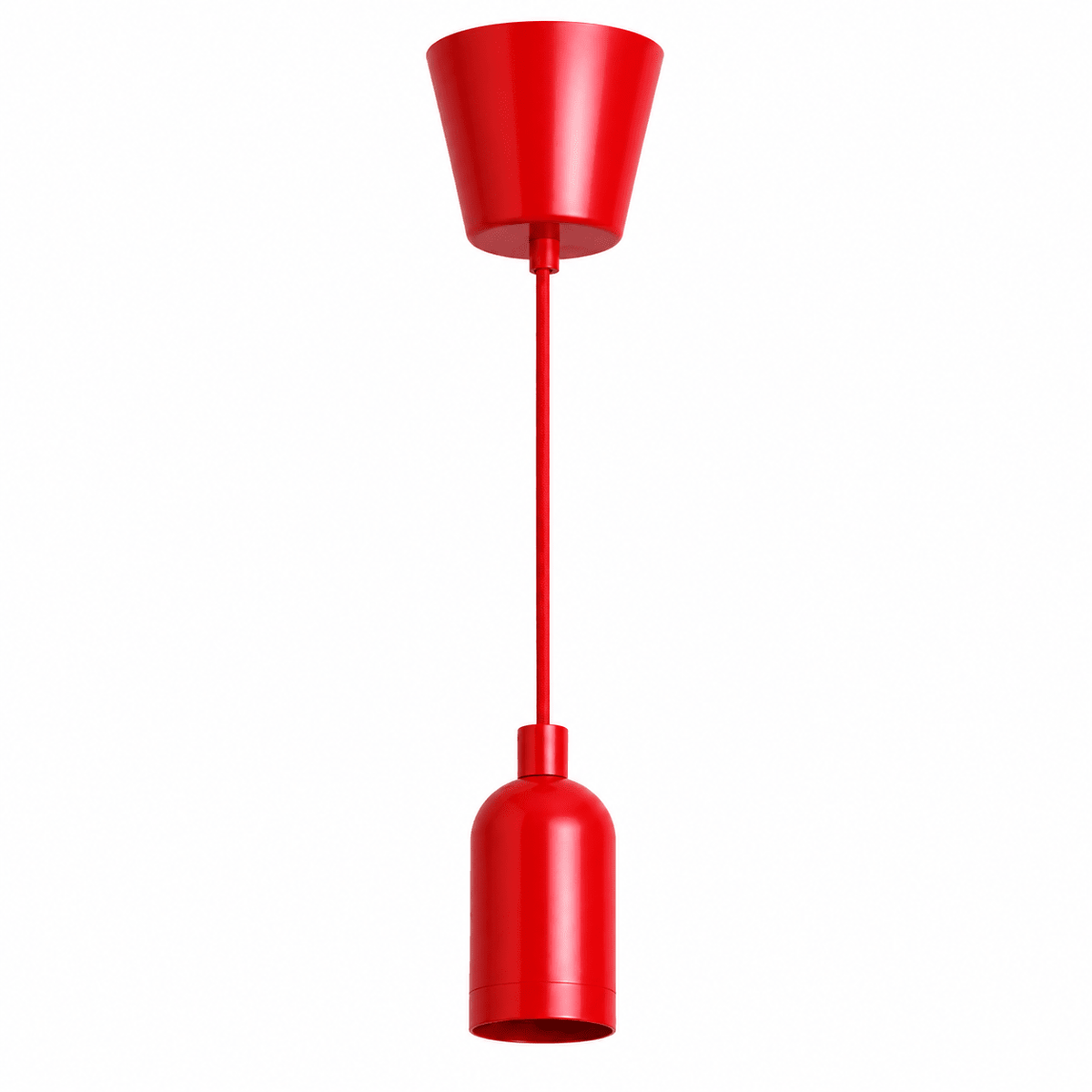 Red pendant ceiling rose kit featuring a conical lamp cup and cylindrical lamp holder, suspended by a matching cord.