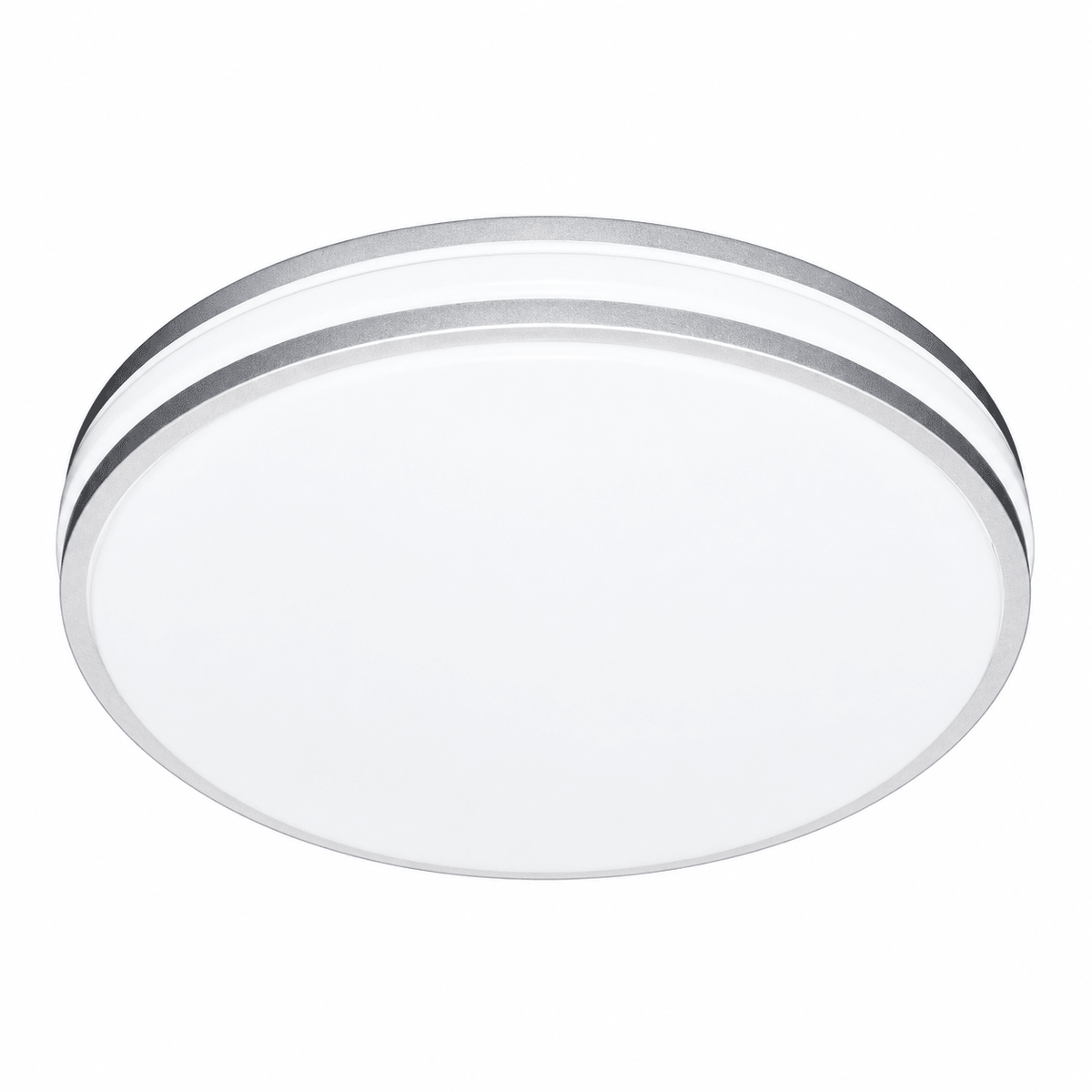 Round LED ceiling light with a smooth white finish and silver edge detailing.