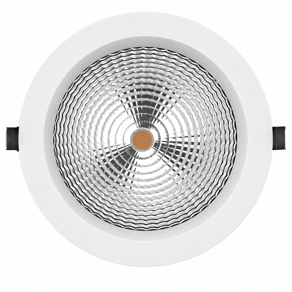 Top view of a round, white 10W LED downlight with a reflective silver interior and a central bronze accent.