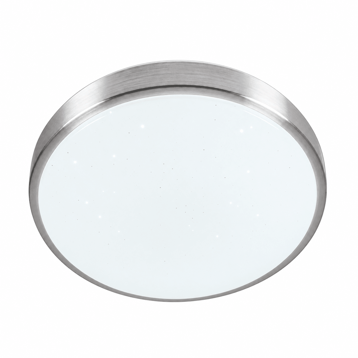 Round ceiling light with a brushed metal finish and a frosted white glass cover, featuring small speckles.