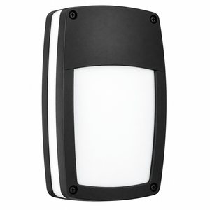 Black rectangular LED wall light with a white diffuser, featuring rounded edges and visible mounting screws.