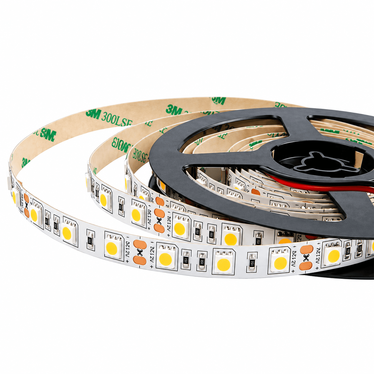 A coiled LED strip light with a black reel, featuring white and yellow light-emitting diodes.
