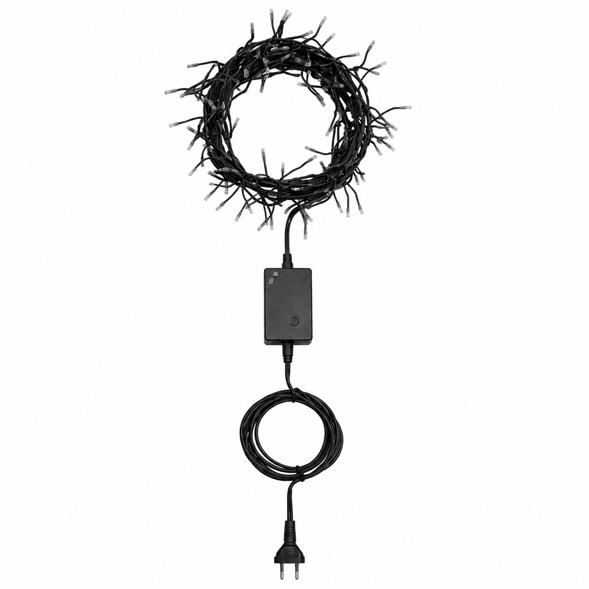 Black LED fairy lights arranged in a circular shape, with a power adapter and plug below.