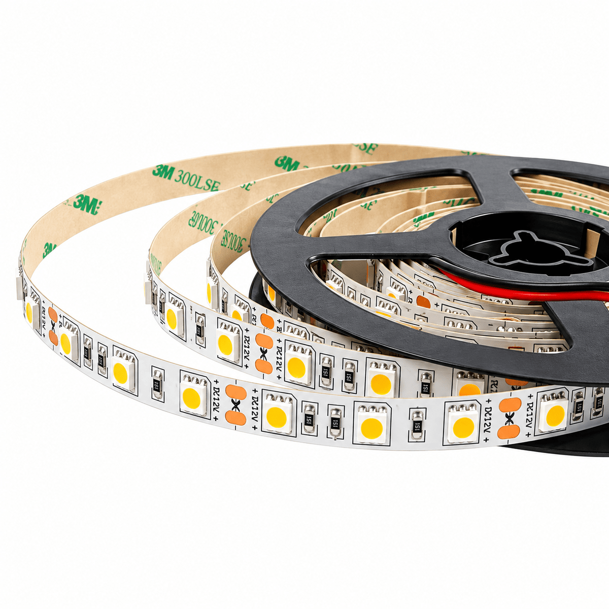 A coiled LED strip light with dark orange bulbs, mounted on a black reel, showing white backing and adhesive tape.