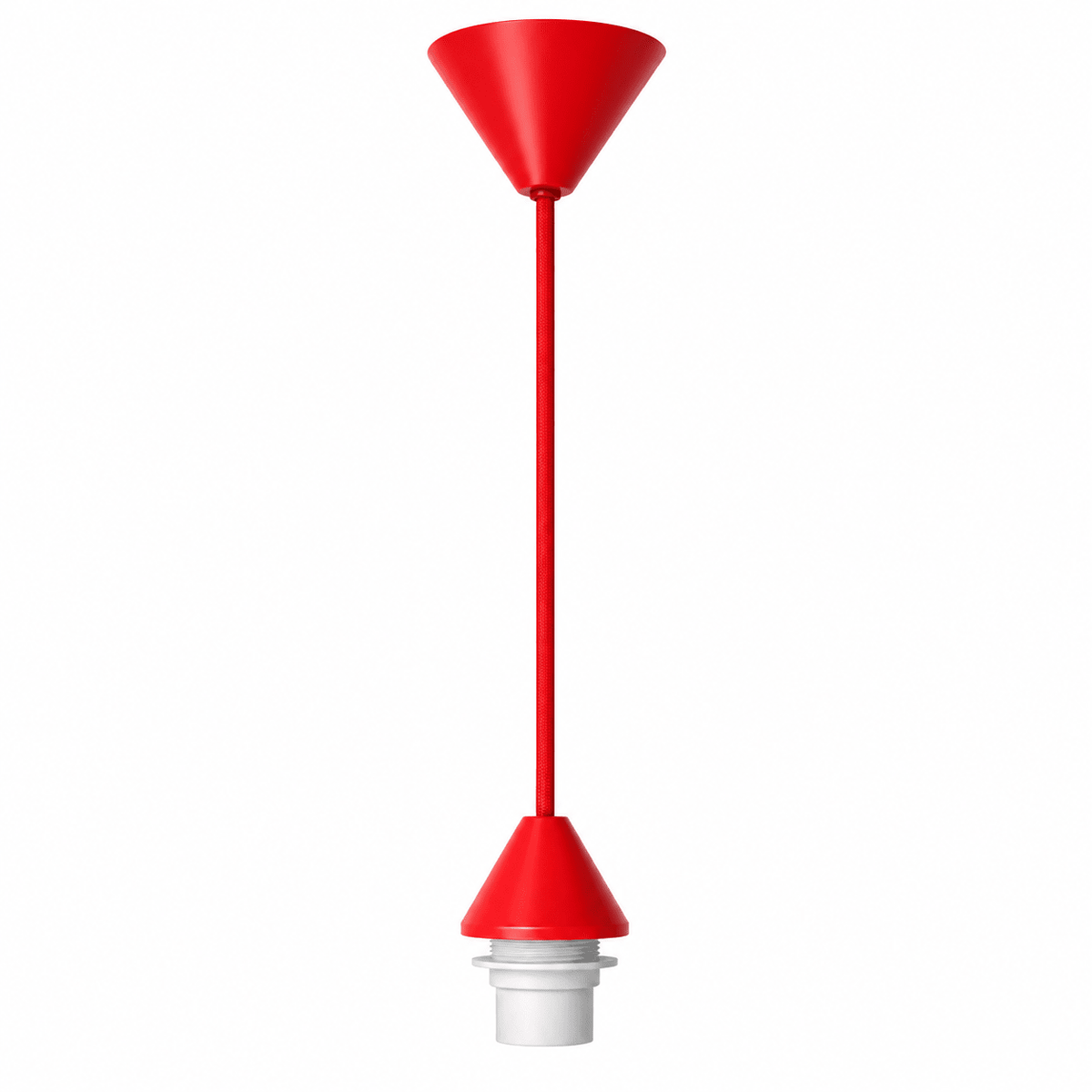 Red conical ceiling rose with a matching cord and a white lamp holder at the bottom, set against a white background.