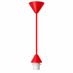 Red conical ceiling rose with a matching cord and a white lamp holder at the bottom, set against a white background.