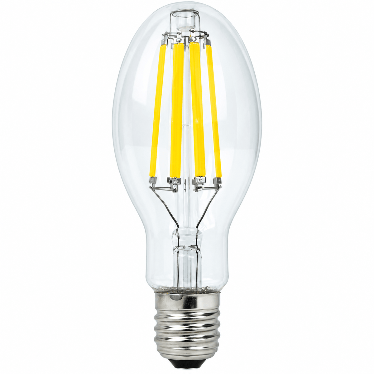 Clear glass LED bulb with a silver base and four yellow filament-like elements inside.