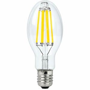 Clear glass LED bulb with a silver base and four yellow filament-like elements inside.