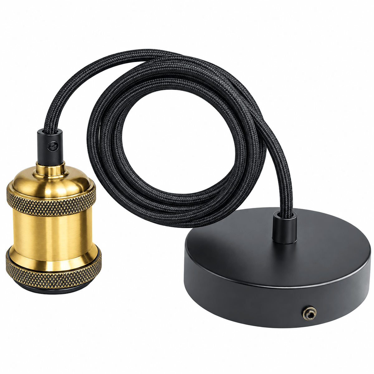 Bronze pendant light socket with a textured finish, black braided cord, and a round black ceiling rose.